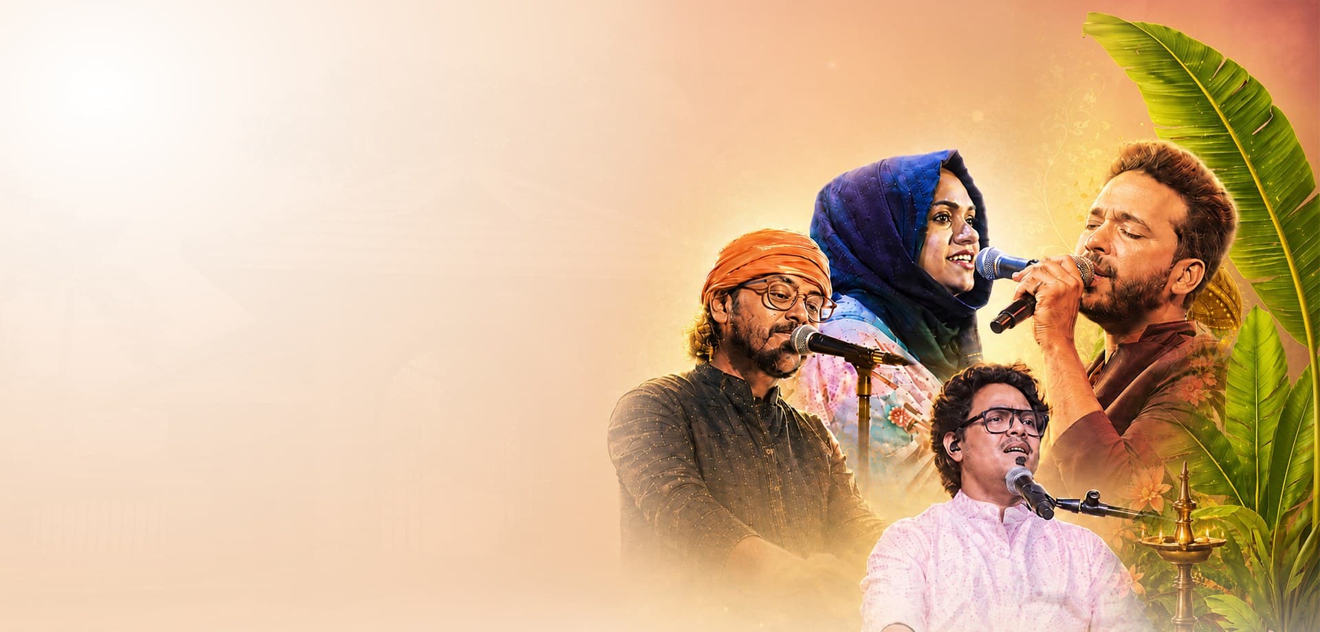 The festival artwork: four musicians performing, three singing into microphones and one seated at a keyboard, against a warm golden ground with a green banana leaf arching over them and a lit brass nilavilakku lamp at their side