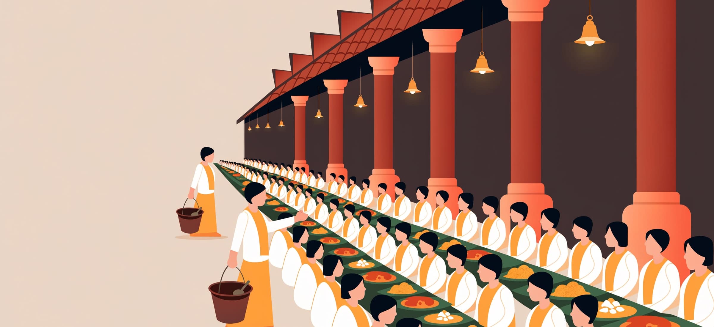 An illustration of an Onasadya: a long row of people in white and gold kasavu seated side by side behind banana leaves that recede down a pillared hall, with servers walking the line carrying buckets